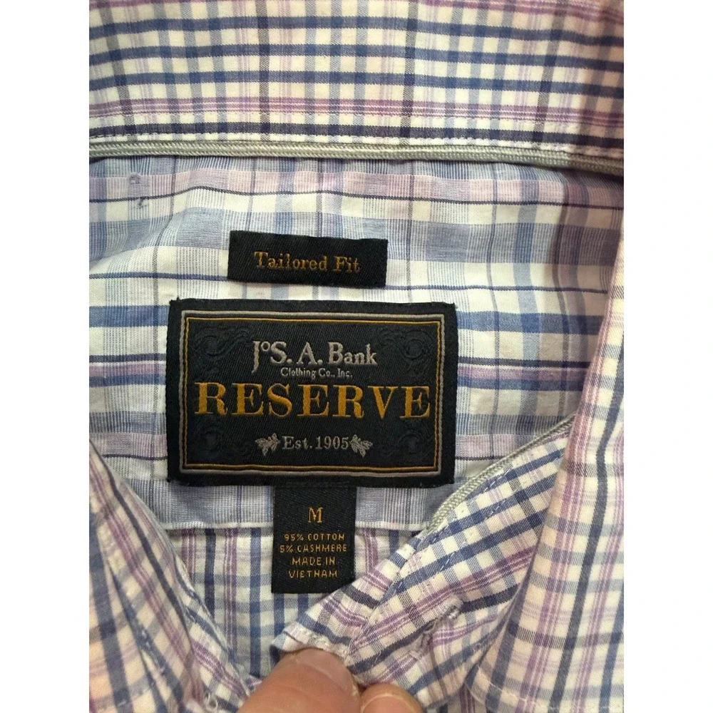 Jos A Bank Reserve Tailored Fit Cotton Cashmere Check Shirt Mens Medium Blue